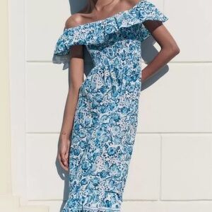 Floral Off-Shoulder Blue Dress